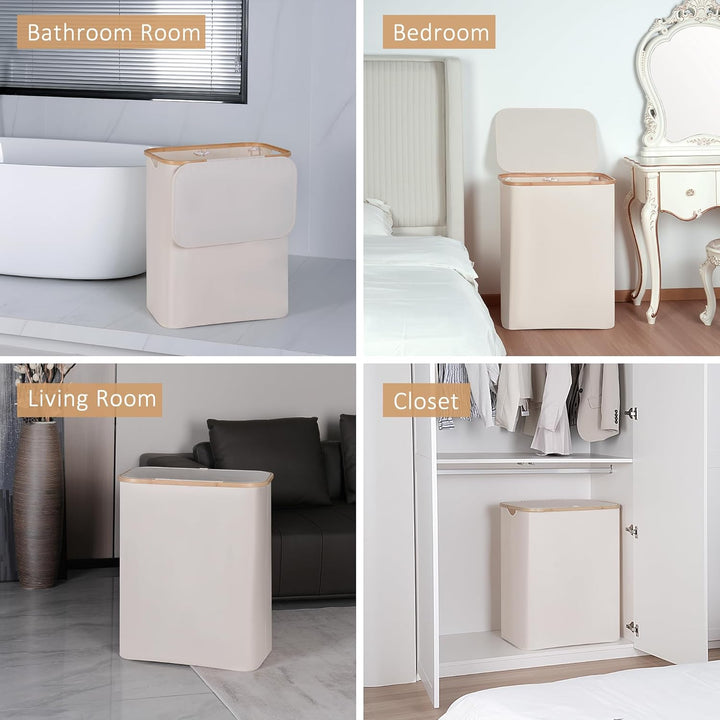 iEGrow Wäschekorb150L XL-Extra Gross 2 Fächer Wäschesammler mit Bambusgriff und Deckel, Laundry Bask