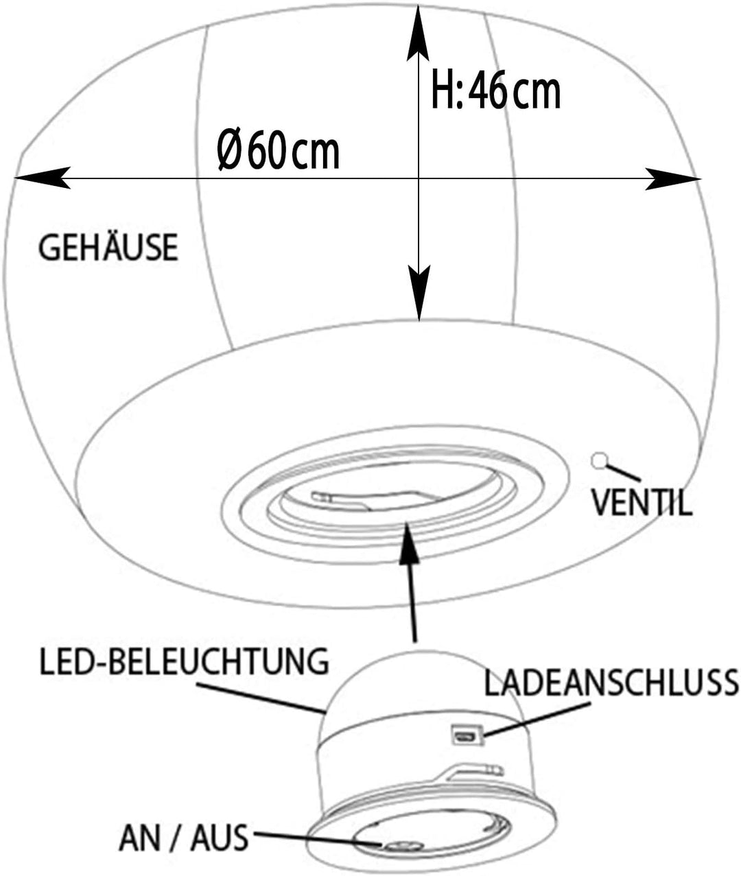 Tronje aufblasbarer LED Sitz-Hocker Ø60cm Puff bis 120kg Farbwechsel FB 18 LEDs Outdoor Fusshocker F