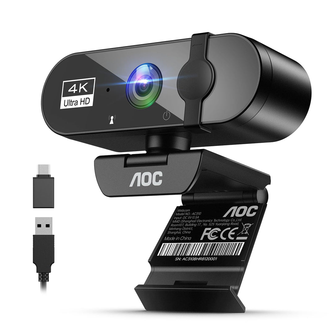 AOC Webcam 4K Ultra HD, Webcam mit Mikrofon & Objektivabdeckung, PC Kamera Plug & Play, 99° Ansicht,