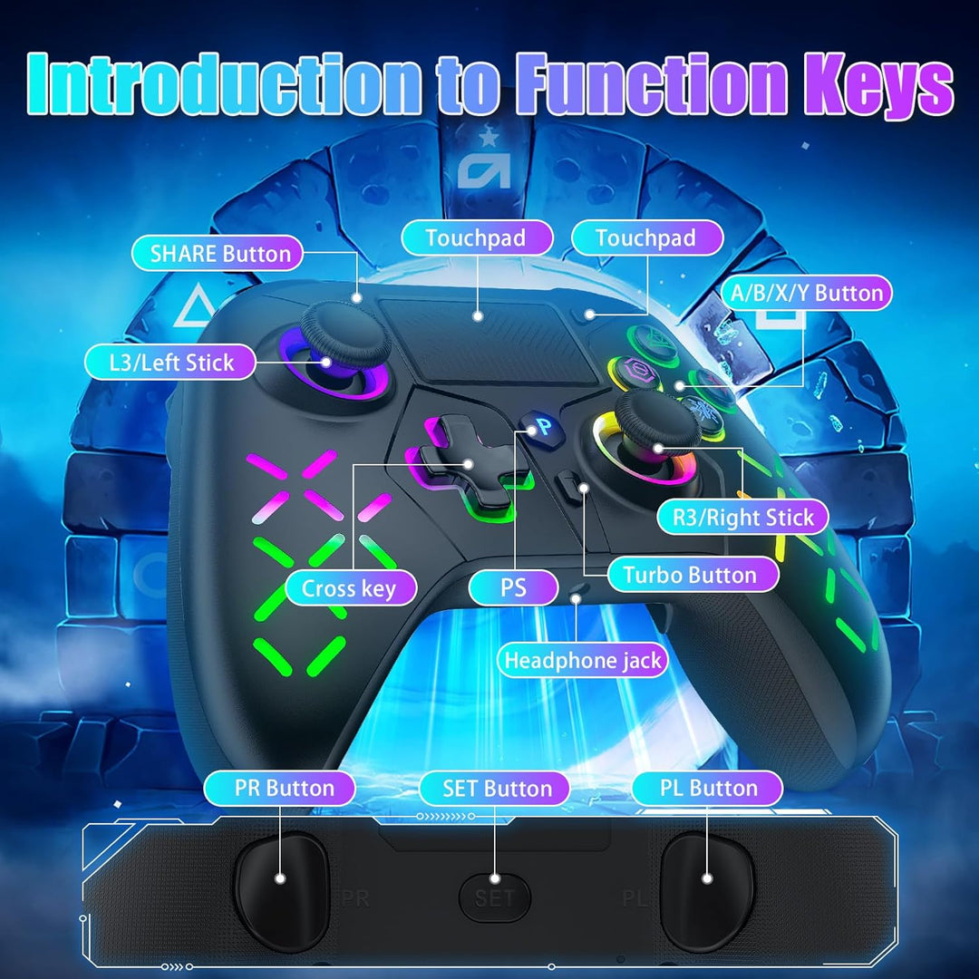 Bonacell RGB Wireless Controller für Ps5/PC/P4, Motor-Vibration/6-Achsen-Sensor/Turbo/3,5-mm-Audiobu