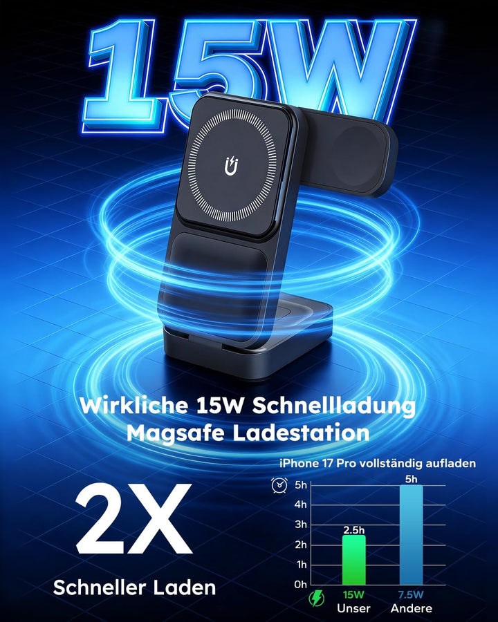15W Magsafe Ladestation für Apple Watch und iPhone Faltbare mit Schnellladefunktion, 3 IN 1 Magsafe