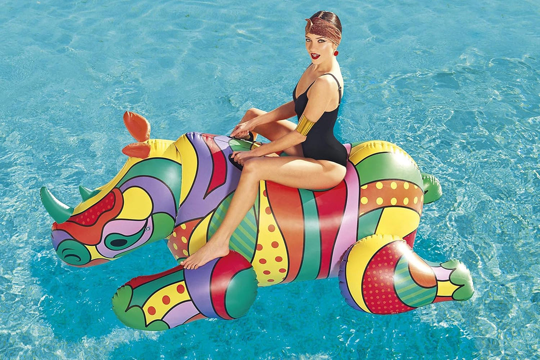 Bestway Inflatable Ride-On Toy with Pop-Art Design Rhino Pool Float, Rhino Pool Float