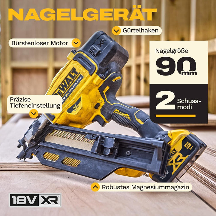DEWALT 18V XR Akku-Nagler (90mm, bürstenloser Motor, für Ringschaft-Nägel bis 2,8mm, Einzelauslösung