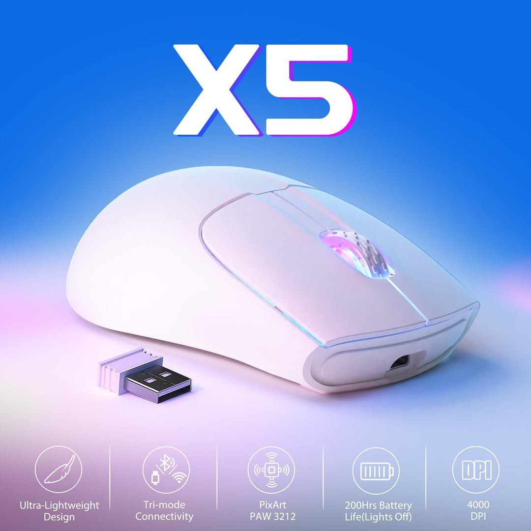 ATTACK SHARK X5 49g Leichtgewicht Funk Gaming Maus &amp; RGB Backlit-Weiss, Weiss