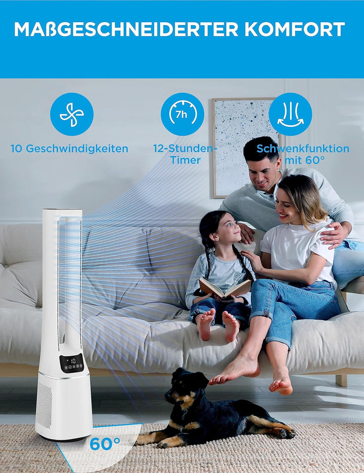 Midea MFP-120 (WH) 2 in 1 Turmventilator Leise 38dB Luftreiniger CADR 120 für 47.6 ㎡ LED Display Fer