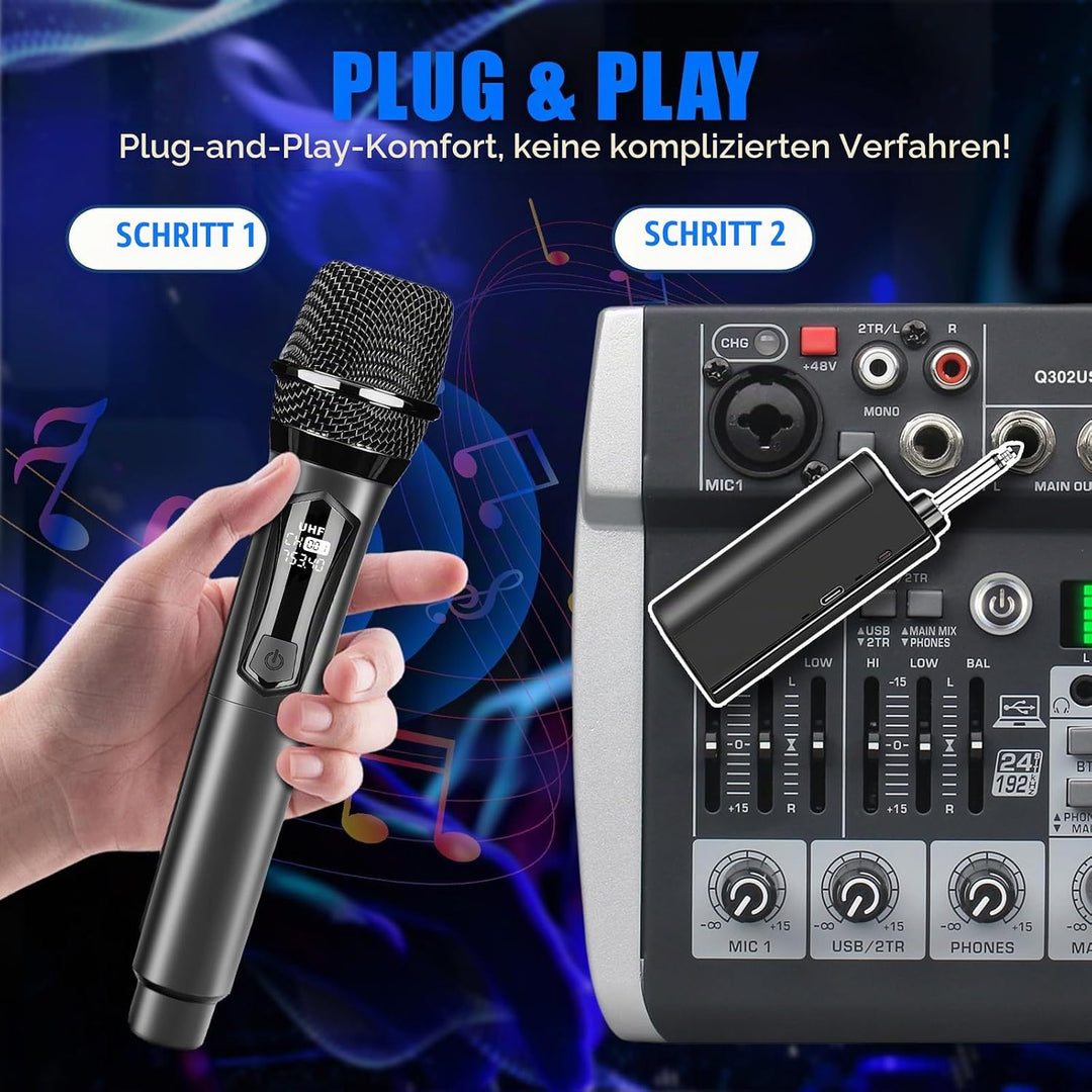 Kabelloses Mikrofon, Drahtloses UHF Mikrofon Set mit wiederaufladbarem, Dual Handmikrofon für Karaok