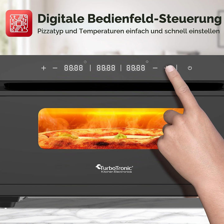 TurboTronic Pizzaofen bis 430 °C perfekte Pizza (30 cm) in 2 Minuten inkl. Pizzastein &amp; Pizzaschiebe