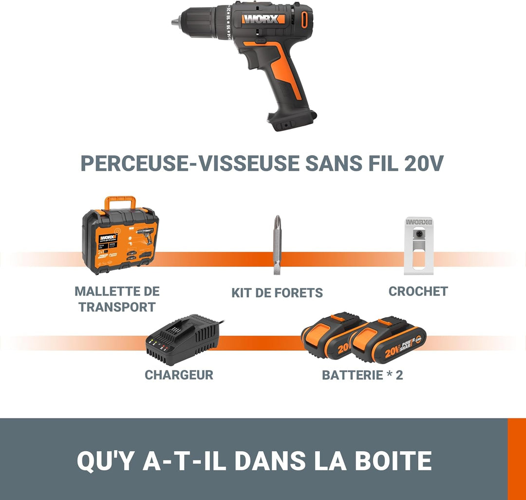 WORX WX108 Akku Bohrschrauber 20V – Allrounder Schrauber zum Bohren & Schrauben – zweistufiger Drehz