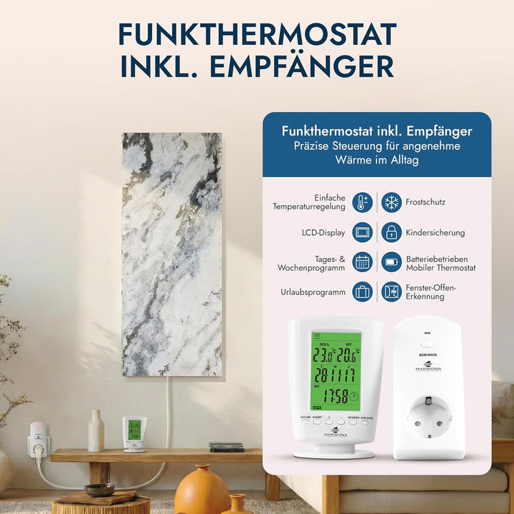 Marwona Naturstein Infrarotheizung 800 Watt mit Digitalthermostat I Energiesparende Infrarot Wandhei
