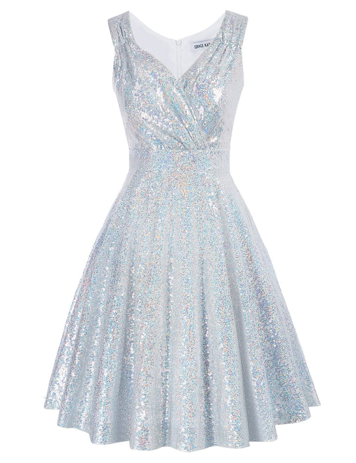 GRACE KARIN Damen Perlen Kleid Knielang Rockabilly Retro Kleider Faltenrock CL061 XL Cl1061-18, XL C