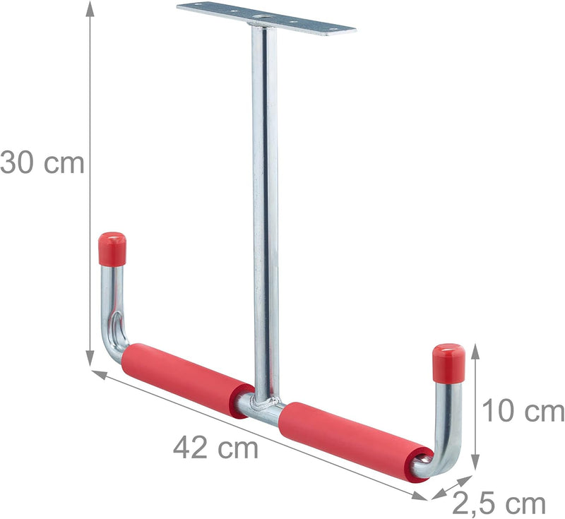 Relaxdays Deckenhaken Garage, T-Profil, bis 25 kg, für Stauraumbrücke, Stahl mit Polsterung, HxB: 30