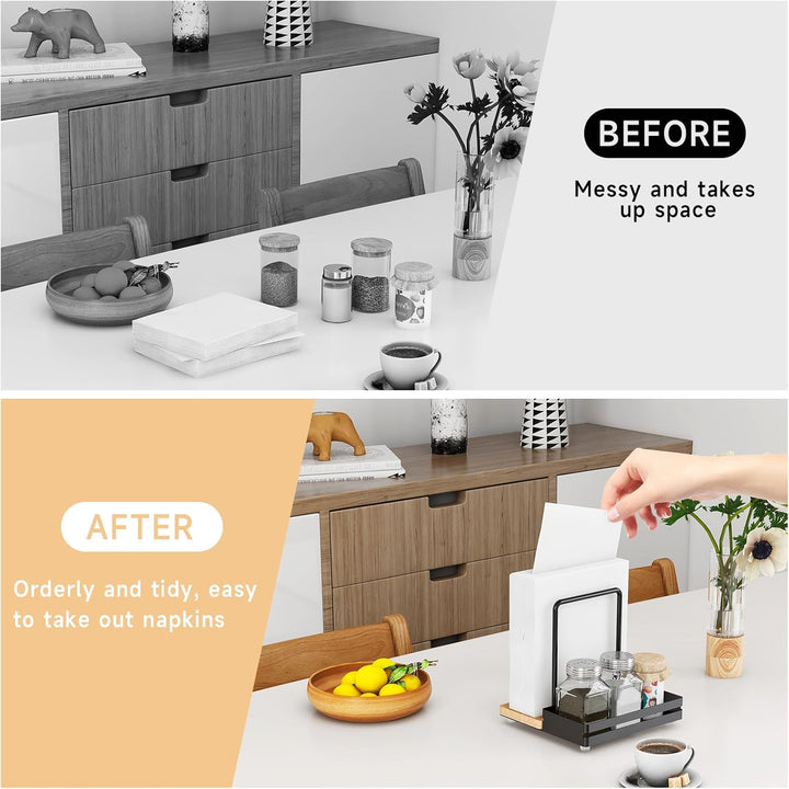 Serviettenhalter Schwarz,Serviettenhalter aus Metall & Holz Serviettenspender mit Caddy für Tisch Kü