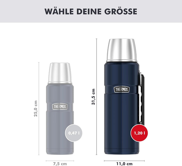 Thermos Stainless King Thermosflasche blau 1,20l - Edelstahl, absolut dicht, mit Trinkbecher und Gri