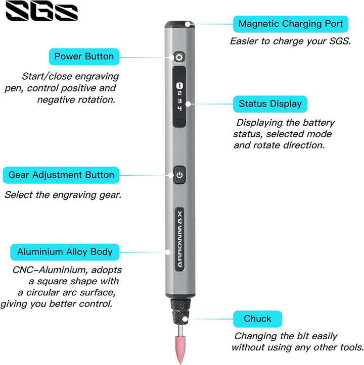 ARROWMAX Mini-Gravierstift, HollowCup-Motor, 42 Bits mit Aluminiumgehäuse, OLED, magnetische Ladung,