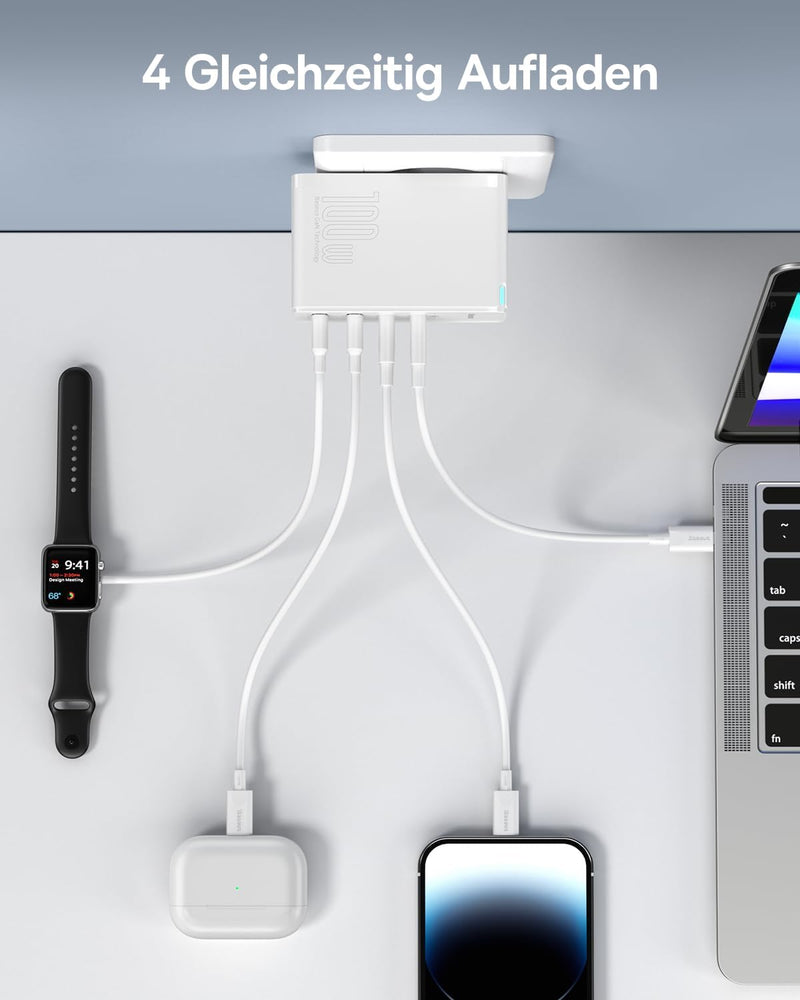 Baseus USB C Schnellladegerät 100 W 4 Ports, Stromversorgung mit GaN Tech, 2C + 2A, Schnellladegerät