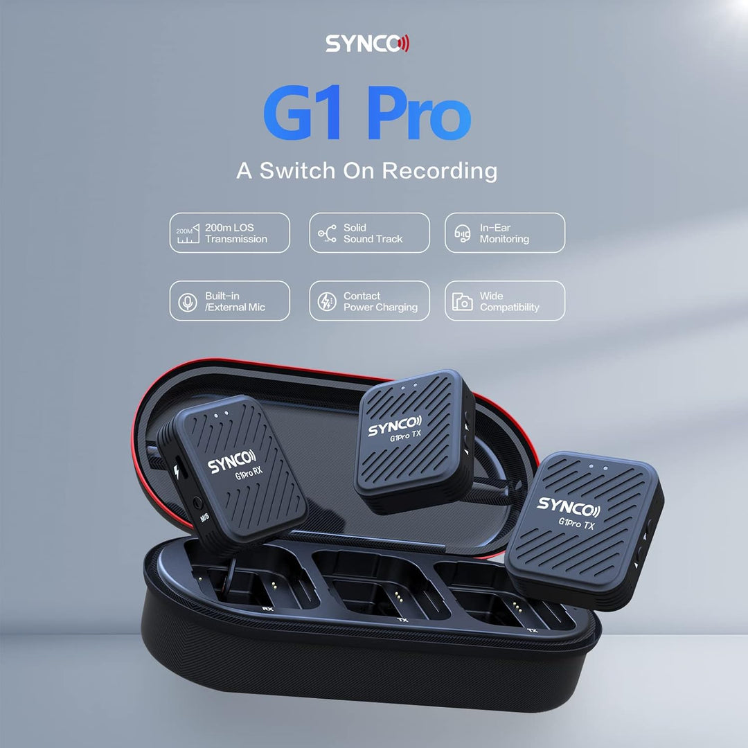 SYNCO G1 (A2) Pro 2,4 GHz kabelloses Lavalier Mikrofon mit Ladestation 1 Empfänger 2 Sendermikrofon