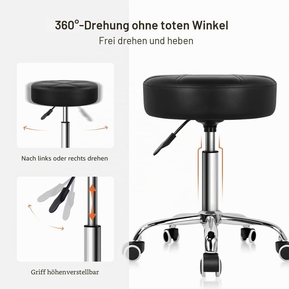 KKTONER Rollhocker Barhocker Arbeitshocker höhenverstellbar 51-67cm drehbar aus Kunstleder Schwarz,