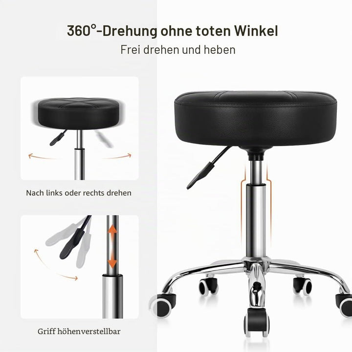 KKTONER Rollhocker Barhocker Arbeitshocker höhenverstellbar 51-67cm drehbar aus Kunstleder Schwarz,