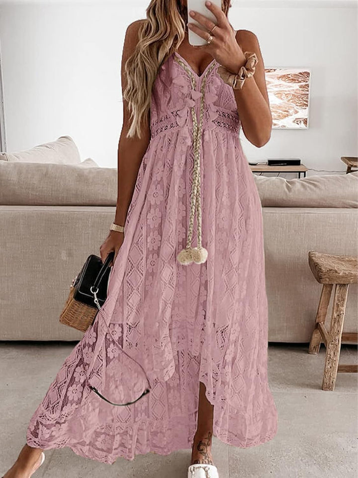 CUPSHE Damen Sommerkleid V Ausschnitt Floral Spitze Quasten Spaghetti Trägerkleid Freizeitkleider Hi