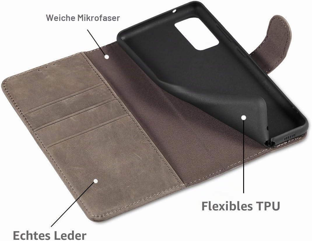 LENSUN Lederhülle für Samsung Galaxy S20 FE, Echtleder Hülle [Bookstyle][RFID Blocker][Echtes Leder]