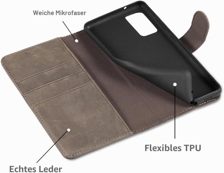 LENSUN Lederhülle für Samsung Galaxy S20 FE, Echtleder Hülle [Bookstyle][RFID Blocker][Echtes Leder]