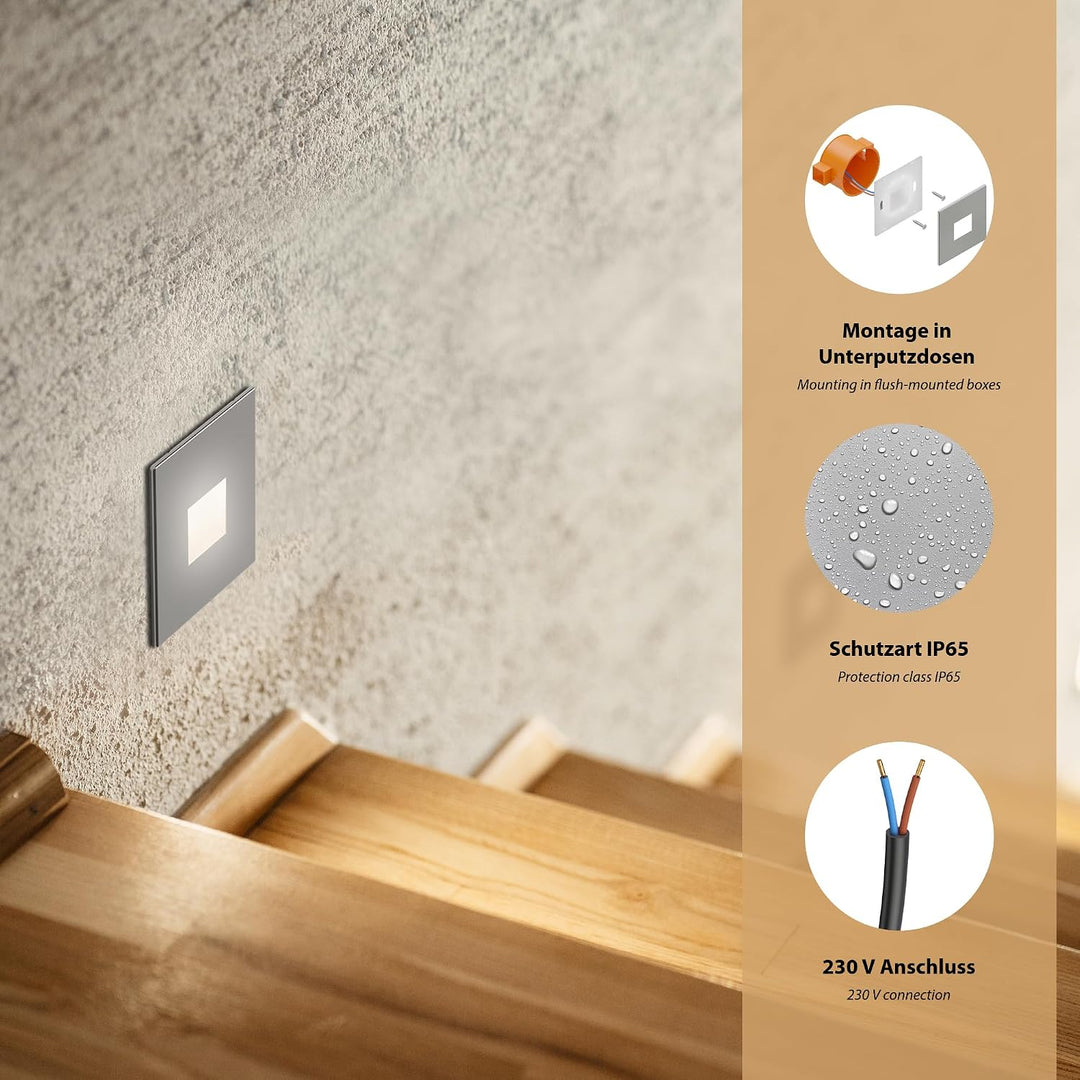 ledscom.de LED Treppenlicht/Downunder FOW für innen und aussen, Downlight, eckig, edelstahl, 85 x 85