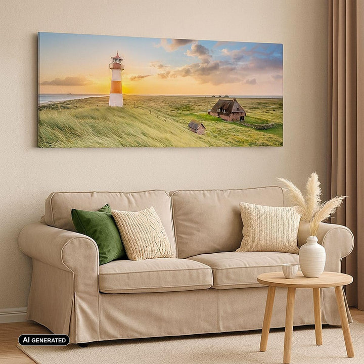 Panorama Bilder auf Leinwand Leuchtturm Meer Leinwandbild mit Rahmen 90x30cm Wandbilder Dekoration W