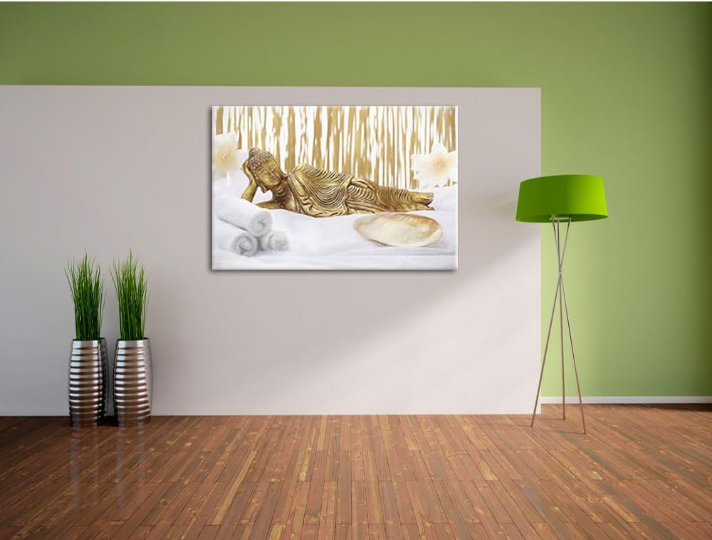 Pixxprint Goldener Buddha auf Handtuch Kunst Buntstift Effekt, Format: 100x70 auf Leinwand