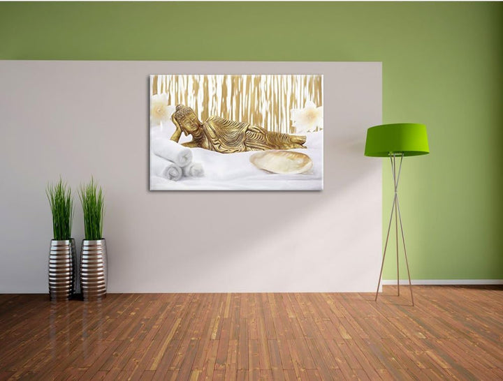 Pixxprint Goldener Buddha auf Handtuch Kunst Buntstift Effekt, Format: 100x70 auf Leinwand