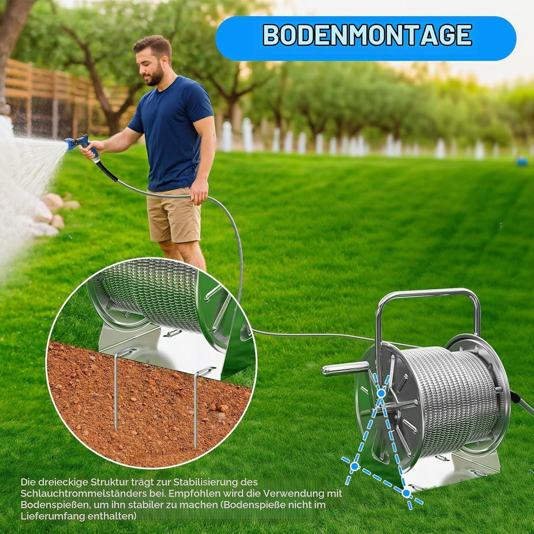 SPECILITE Schlauchtrommel Edelstahl mit 30 m Wasserschlauch, Gartenbrause und 1,9 m Zulaufschlauch,