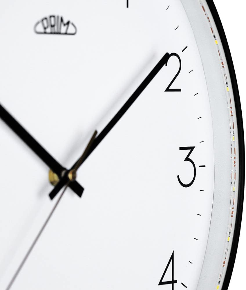 PRIM Sense Leuchtende Design Kunstoff Wanduhr, Weiss/Schwarz, Licht- und Geräusch-Sensor, Quarz-Uhrw