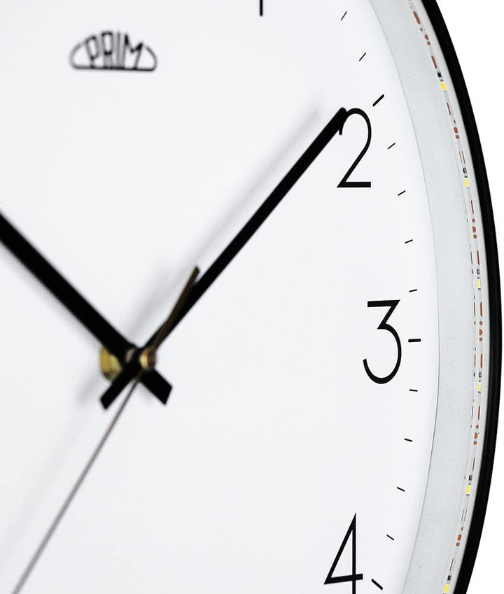 PRIM Sense Leuchtende Design Kunstoff Wanduhr, Weiss/Schwarz, Licht- und Geräusch-Sensor, Quarz-Uhrw