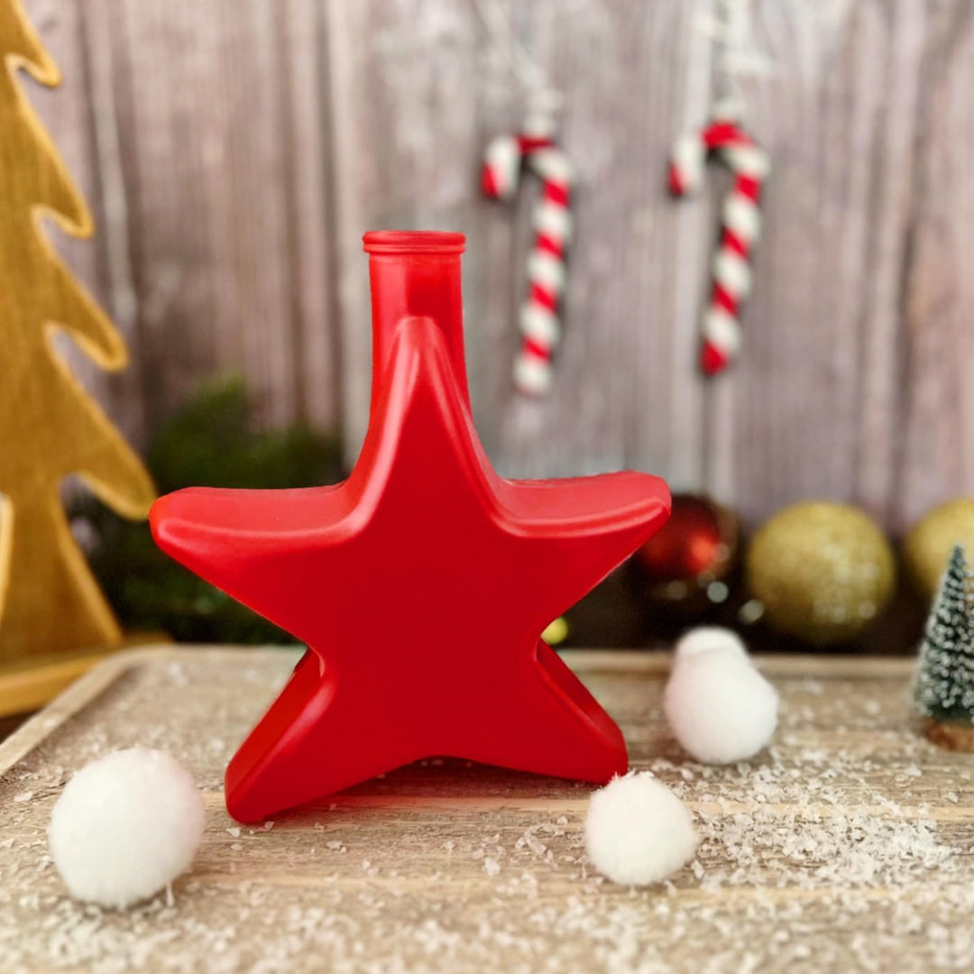 gouveo 6er Set Glasflasche 200 ml Stern rot gefrostet mit Holzgriffkorken - Weihnachtsflasche in Ste