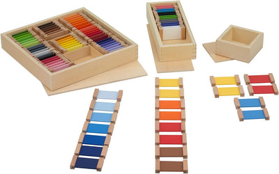 Montessori Farbtäfelchen, Kästen I, II und III, Montessori-Material zur Farbenlehre