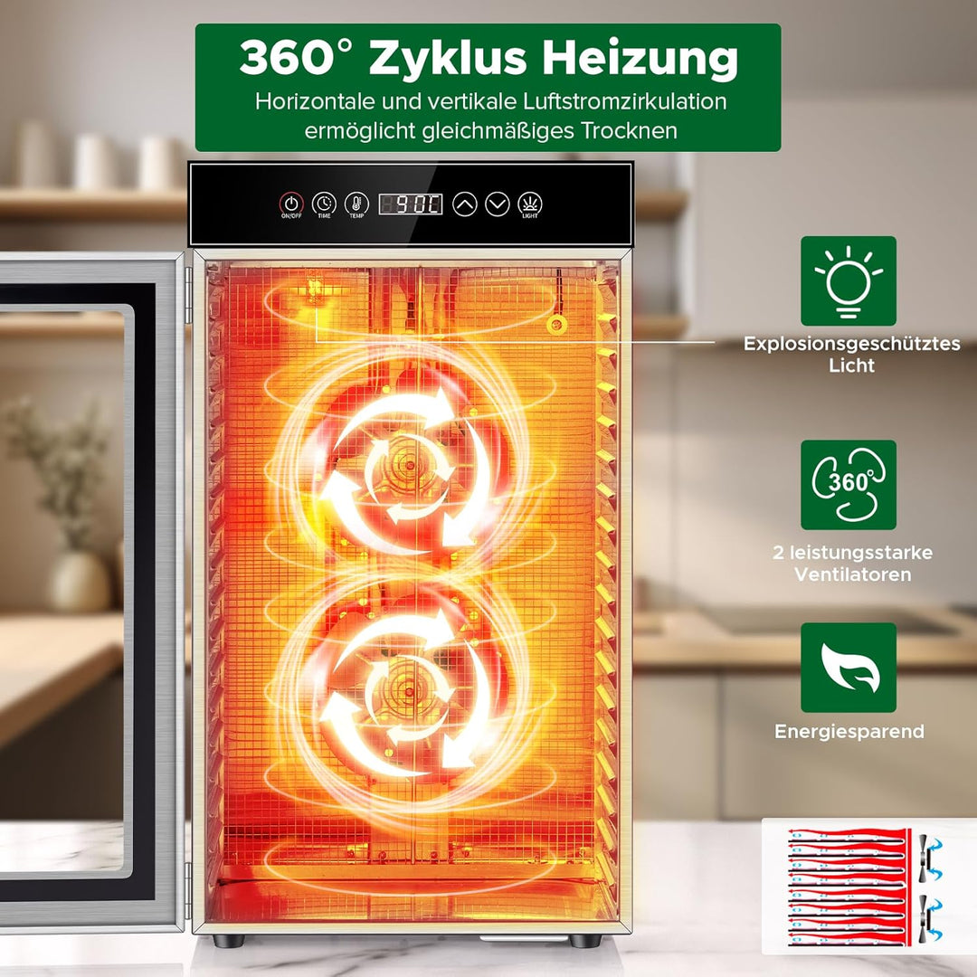 Kwasyo Gewerblicher Dörrautomat 18 Etagen, 800W Edelstahl Lebensmittel Dehydrator mit 360° Luftzirku