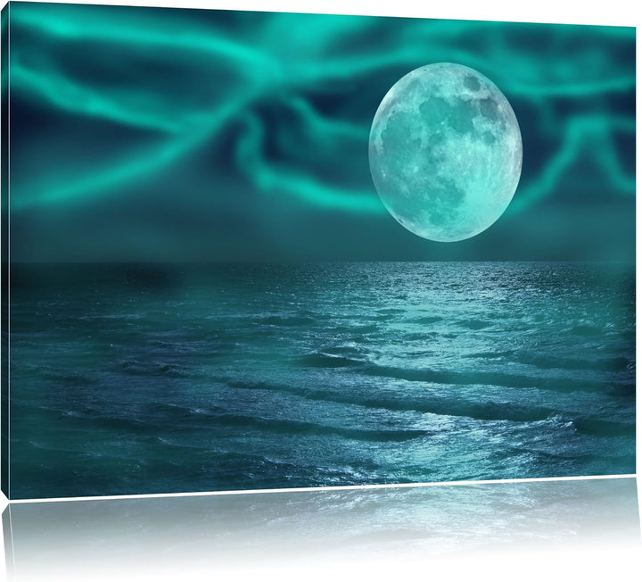 ruhiges Meer mit Vollmond schwarz/weiss Format: 100x70 auf Leinwand, XXL riesige Bilder fertig gerah