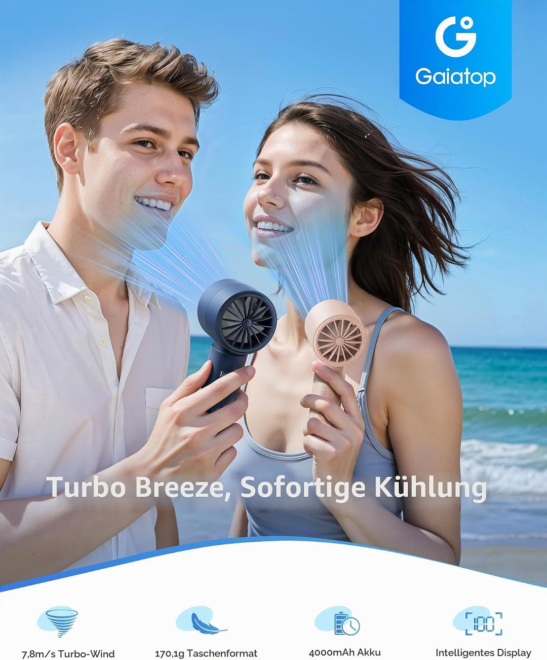 gaiatop Tragbarer Mini-Handventilator, High-Speed-Turbo-Kühlung, 4000 mAh, batteriebetrieben, USB-wi