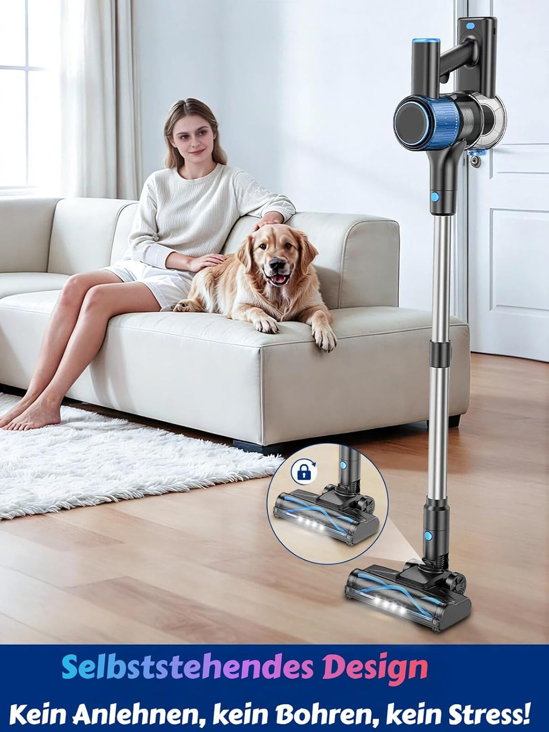 Akku Staubsauger 45KPa/400W/45Mins, Staubsauger Kabellos mit Selbststehende, Anti Tangle Bürste, für