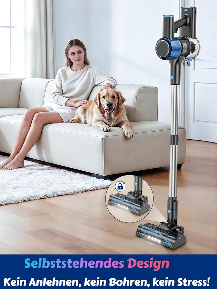 Akku Staubsauger 45KPa/400W/45Mins, Staubsauger Kabellos mit Selbststehende, Anti Tangle Bürste, für