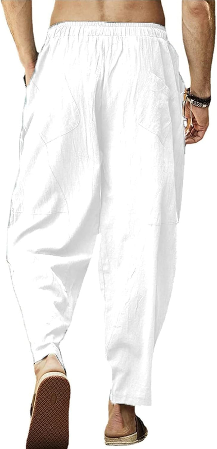Leinenhose Herren Sommerhose Herren Leicht Yogahose Freizeithose mit Elastische Gürtel, M Weiß