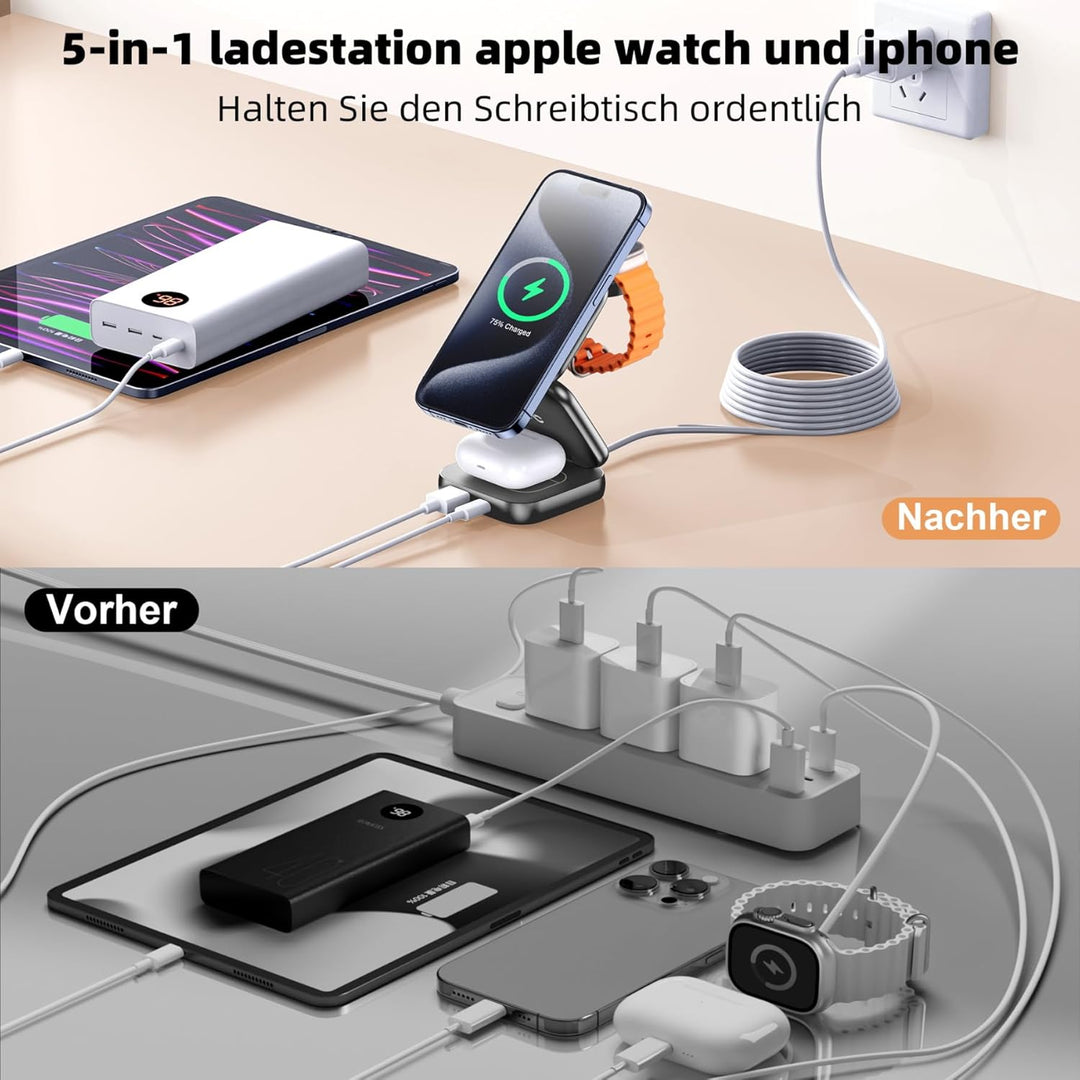 AC Island 5 in 1 iPhone Ladestation kompatibel mit Mag-Safe Ladegerät, Faltbar Reisen Wireless Charg