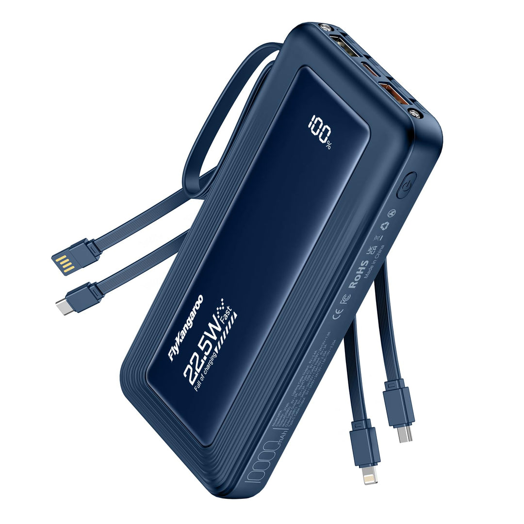 Powerbank mit integrierten Kabeln, 10000mAh, 22,5W Schnellladefunktion, USB-C LED-Anzeige, tragbares