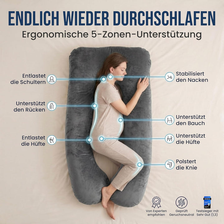 Seitenschläferkissen mit Bezug [waschbar - Flexible Füllung] Stillkissen XXL | Pregnancy Pillow | Ki