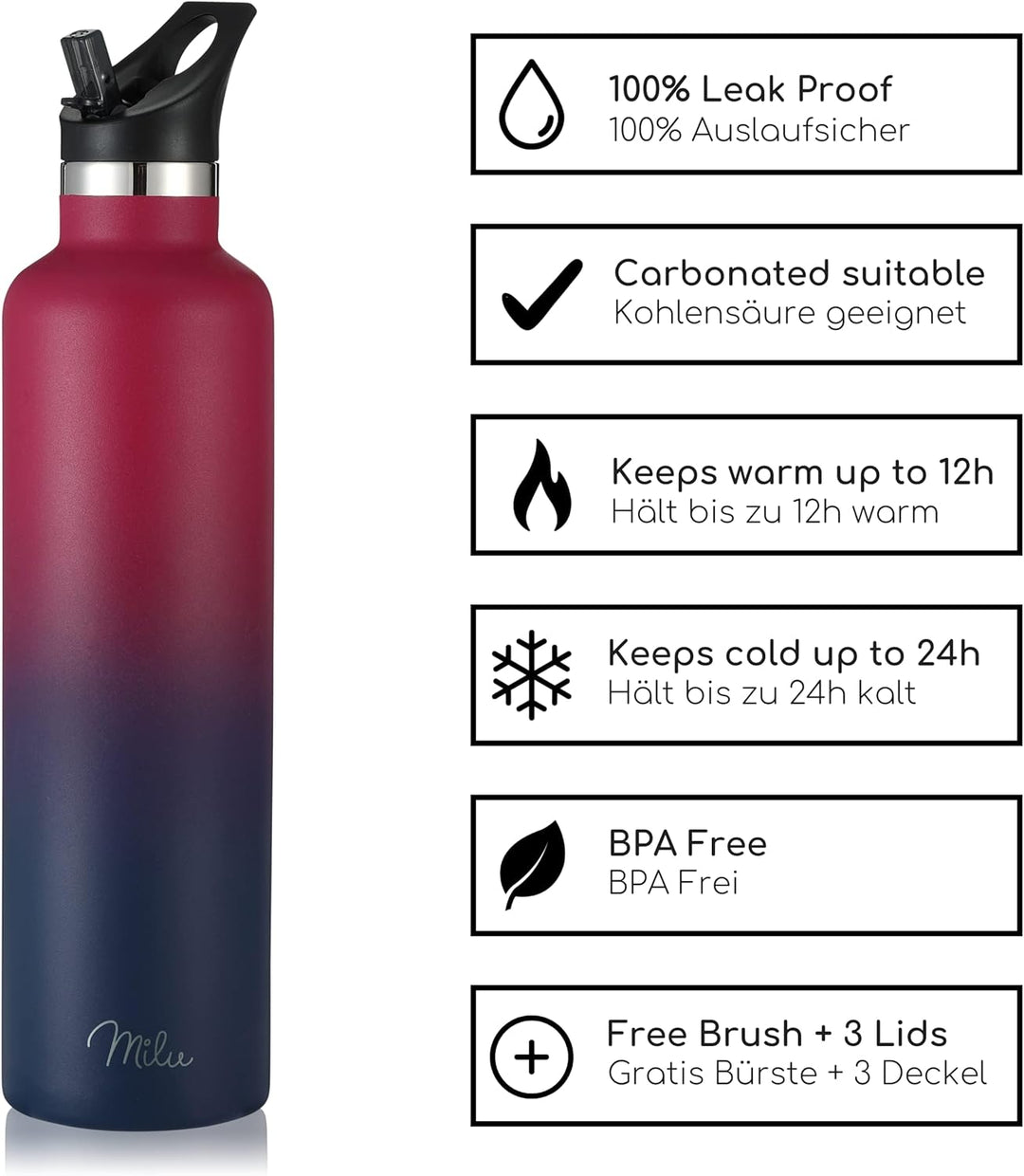 Milu Edelstahl Trinkflasche 500ml, 750ml, 1000ml (+3 Deckel) - Thermosflasche mit Strohhalm, Isolier