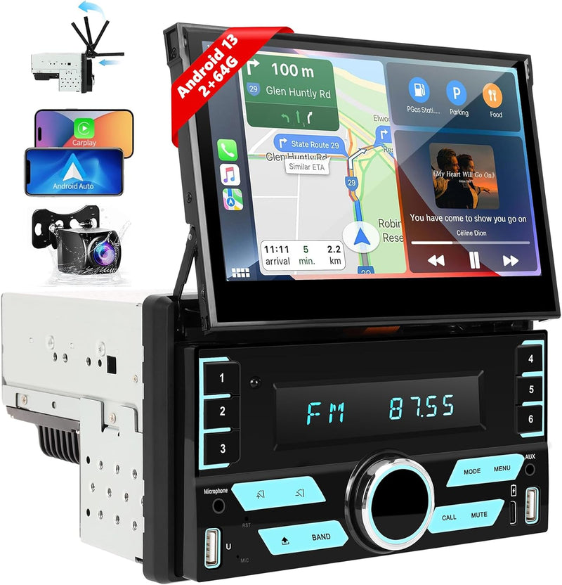 [2+64G] Podofo 2DIN Autoradio mit Wireless Carplay Android Auto, 7 Zoll Android 13 ausfahrbares Disp