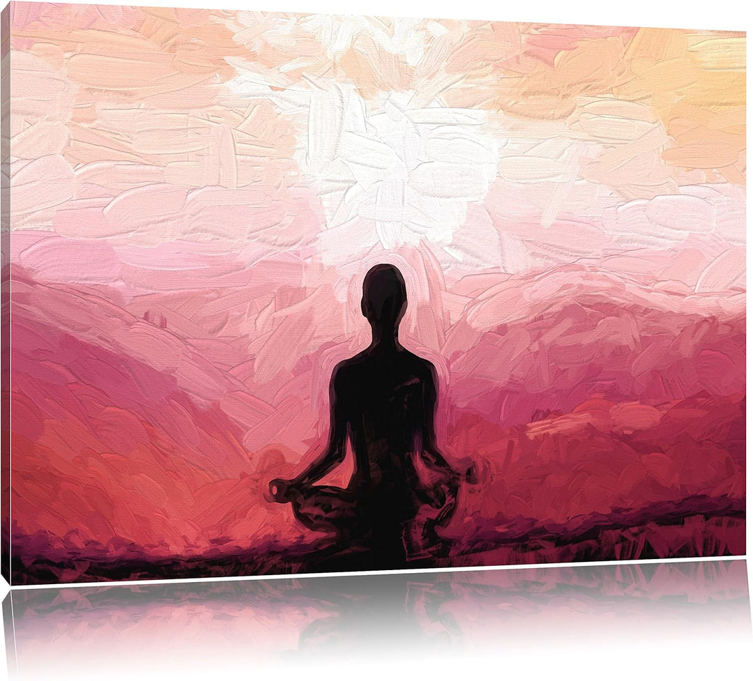 Pixxprint Meditierender Mensch in den Bergen Kunst Pinsel Effekt, Format: 100x70 auf Leinwand, XXL r