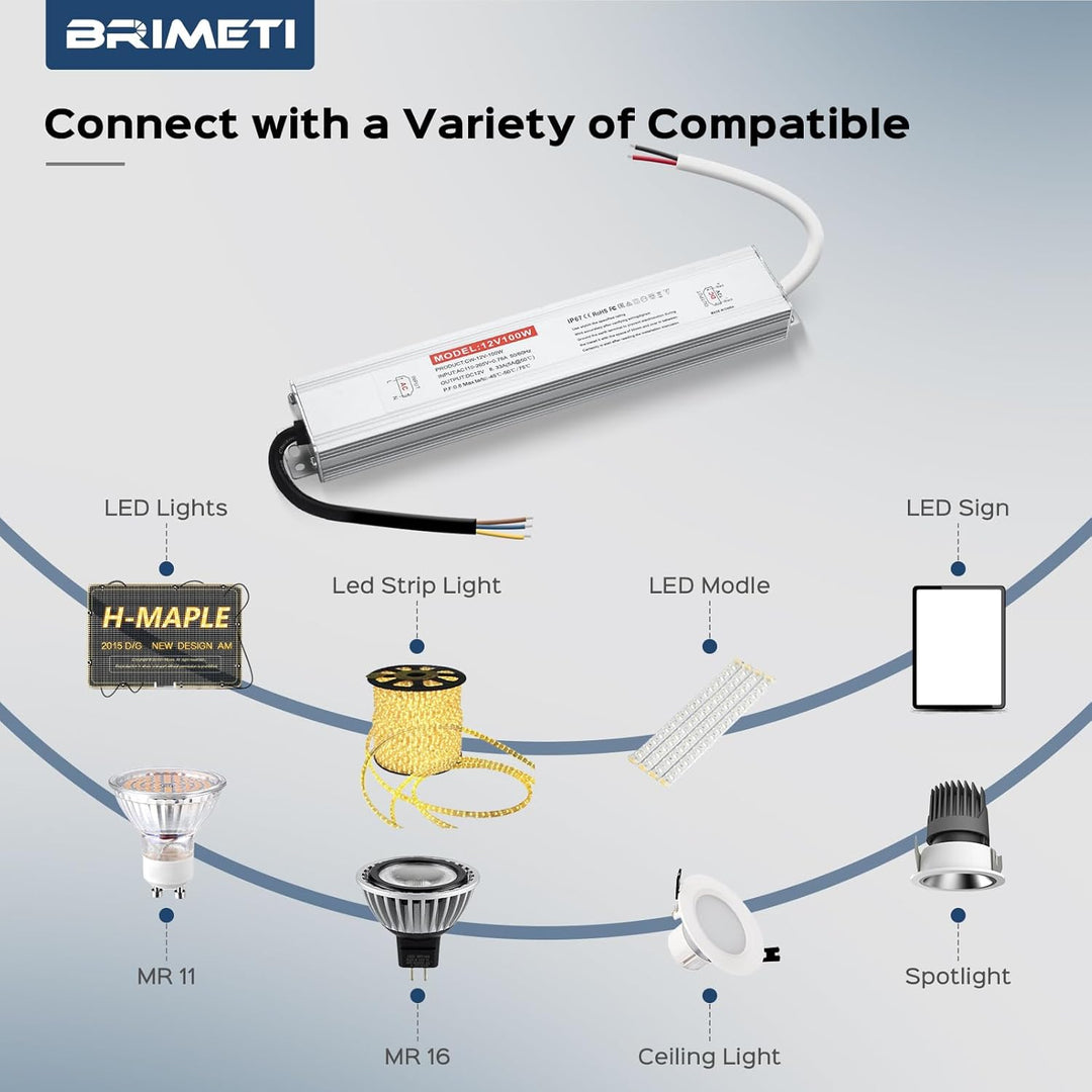 BRIMETI LED Trafo 12V 100W Wasserdicht IP67 LED Treiber Netzteil, Schaltnetzteil LED Transformator 8