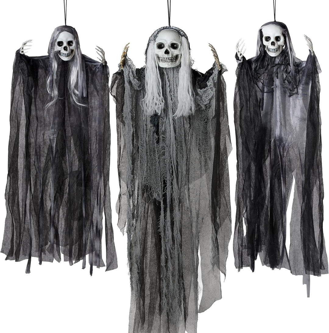 JOYIN 3 Stück Halloween-Sensenmänner zum Aufhängen, Einer 139,7 cm, Zwei 89,9 cm grosse Halloween-Sk
