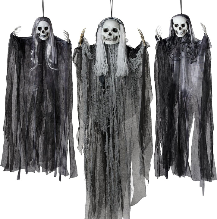 JOYIN 3 Stück Halloween-Sensenmänner zum Aufhängen, Einer 139,7 cm, Zwei 89,9 cm grosse Halloween-Sk
