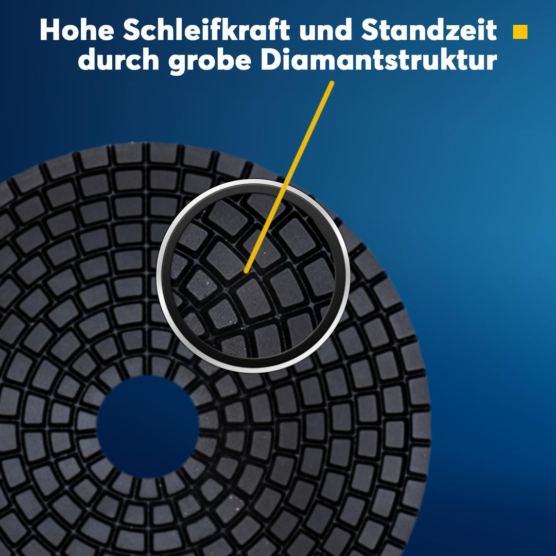 EDW Diamant Schleifpad-SET Nass 125mm Klettaufnahme, Bearbeitung von Naturstein, Fliesen, Granit, Ma